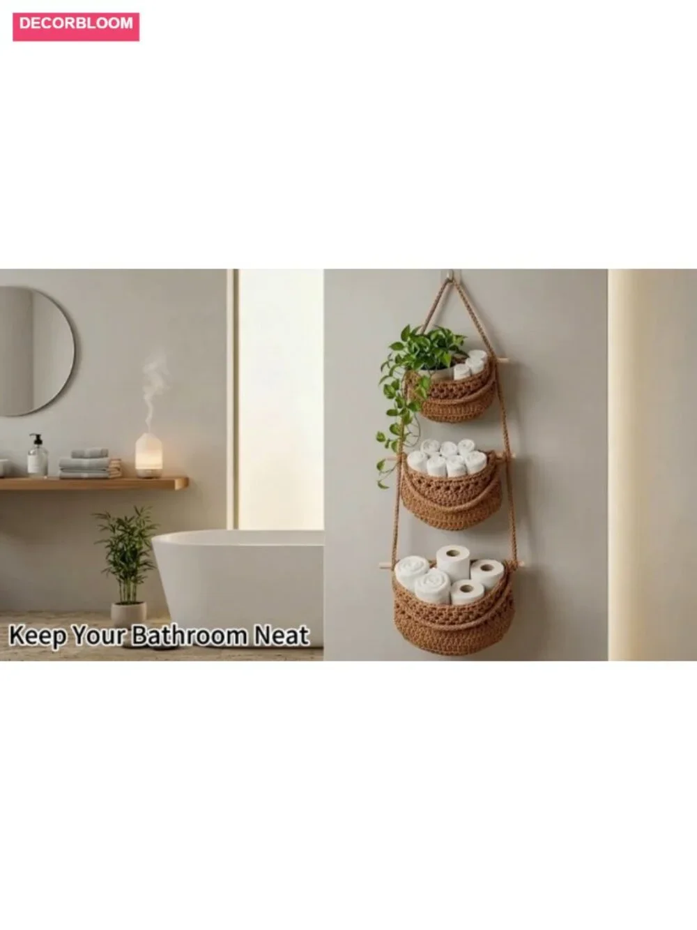3 Tier Hanging Fruit Basket, Wall Mounted Cotton Rope Produce Storage, Boho